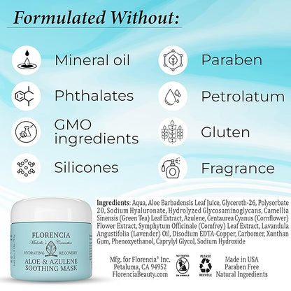 Florencia Aloe & Azulene Hydrating Gel Mask - Oil-Free Hydration for Dry, Dehydrated Skin - Soothing Recovery Mask with Hyaluronic Acid, Green Tea, Aloe & Azulene, 2 oz