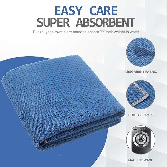 Eunzel Yoga Towel,Hot Yoga Mat Towel with Grip Dots Sweat Absorbent Non-Slip for Hot Yoga, Pilates and Workout 24" x72", Steel Blue