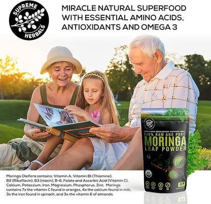100% Raw and Pure Moringa Leaf Powder. Organic Certified Moringa Leaf. Natural Superfood with Essential Amino Acids, Antioxidants, and Omega 3, 8 oz Resealable Bag.