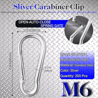 200Pcs 2.36" Heavy Duty Snap Hook Carabiners - M6 Galvanized Steel Quick Links for Keys, Hammocks, Swings, Outdoor Gear - Camping, Hiking, Fishing (Sliver)