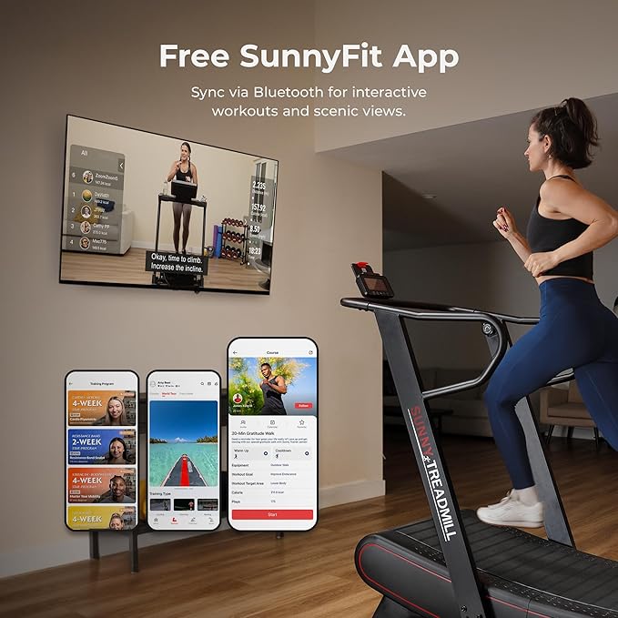 Sunny Health & Fitness Premium Manual Treadmill – Non-Motorized, Heavy-Duty, Commercial-Grade, Adjustable Handlebar, for Endurance Training, Optional 8-Level Magnetic Assistance & Free SunnyFit App