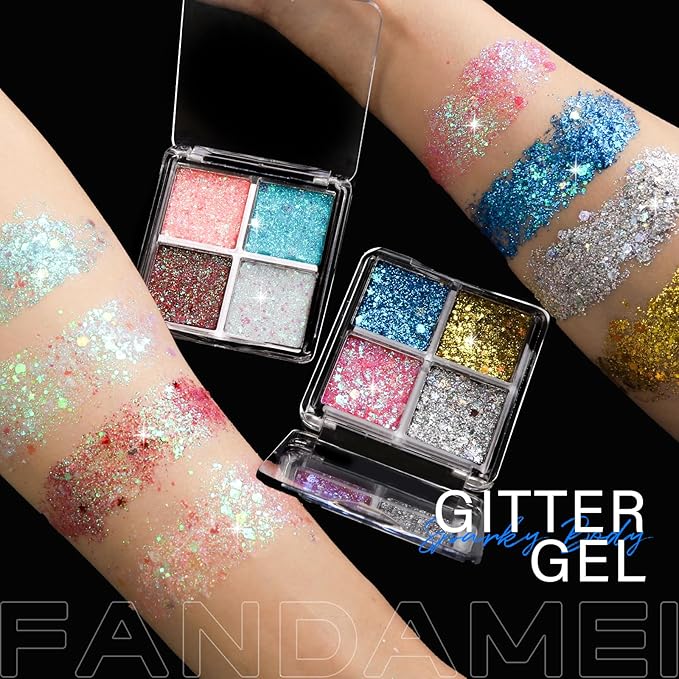 FANDAMEI Face Glitter, Body Glitter for Women, 2PCS 8 Colors Glitter Gel for Face, Hair Glitter for Kids, Fairy Rave Mermaid Makeup