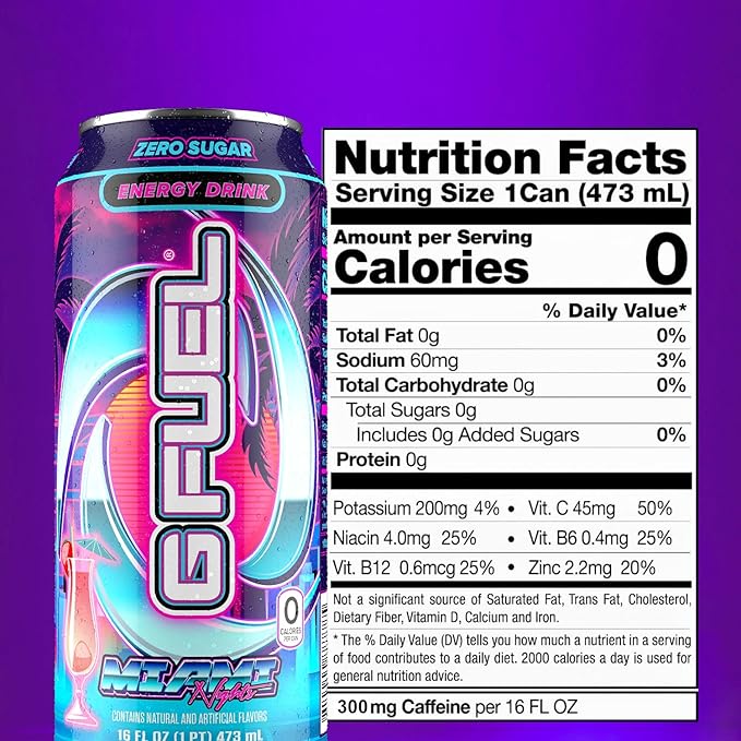 G Fuel Energy Drink, Strawberry Pina Colada, Sugar Free Beverage with 140mg Caffeine, Daily Energy Boost with Focus Amino, Vitamin + Antioxidants, 16 oz Cans (Miami Nights, 12-Pack)