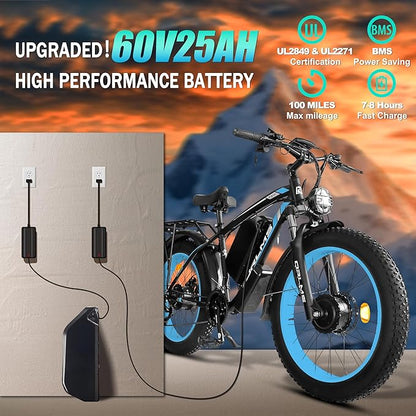 Electric Dirt Bike, 5000W Peak Dual Motor EBike for Adults, 60V 25AH Battery Electric Bike with 40-50MPH Mountain AWD 21-Speed Snow, 26" x 4.0 Fat Tire, Long Range Off-Road