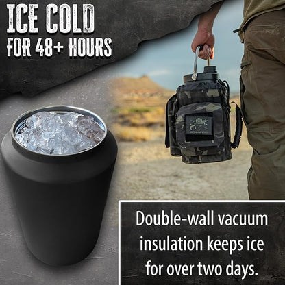 Iron Infidel Battle Bottle - One Gallon Insulated Water Bottle with Dual Carry Handles - 128 oz Tactical Stainless Steel Water Jug & Rugged Extra Large Sleeve With Storage (Black Camo 128 Ounces)