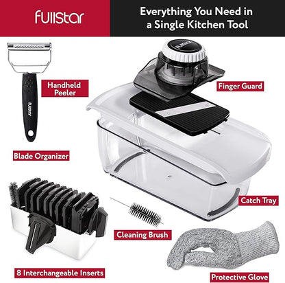 Fullstar Mandoline Slicer for Kitchen, Fruit Cutter, Cheese Grater, Cucumber Slicer, Veggie Spiralizer, Food Cutter & Kitchen Gadgets with Safety Glove (9 in 1, White)