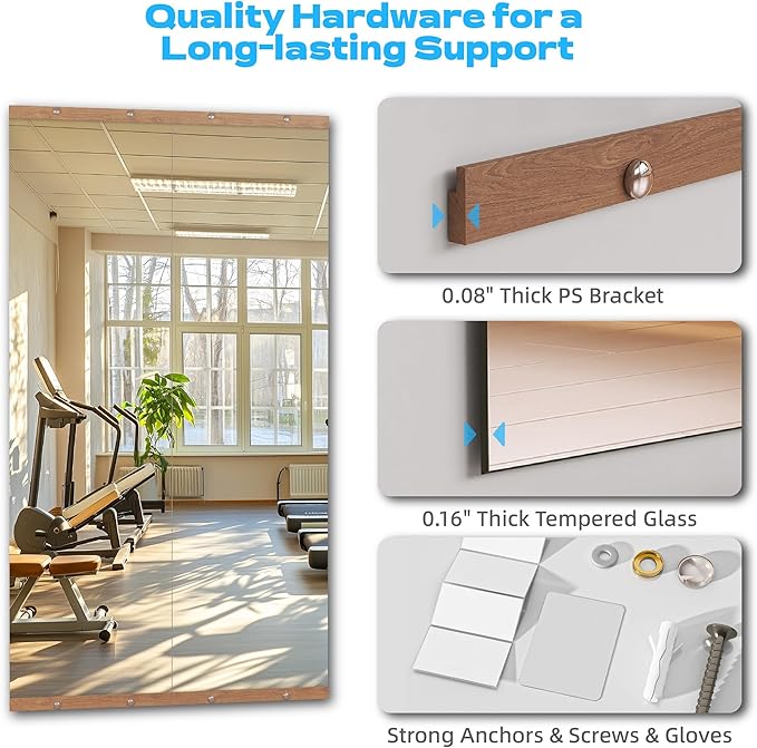 Hasipu 3Pcs 55''x17'' Home Gym Mirror Large Full Length Wall Mounted Full Body Mirror for Yoga Dance Fitness Exercise Studio Bedroom Garage, Frameless Tempered Glass Workout Mirrors Walnut Rectangular