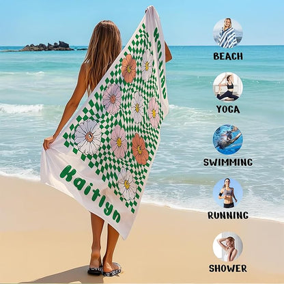JML Personalized Beach Towel with Name, Custom Flower Beach Towel, Customized Microfiber Pool Towel, Quick Dry & Absorbent Swim Towel for Adult,Mother's Day, Birthday, Summer Holiday,Vacation