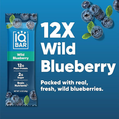 IQBAR Brain and Body Plant Protein Bars - Wild Blueberry - 12-Count Low Carb - Gluten Free, High Fiber, Vegan Snacks - Low Sugar Meal Replacement