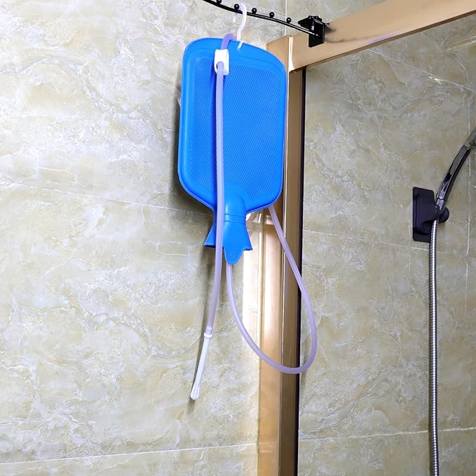 Enema Bag Kit with 5ft Hose Coffee Enemas at Home Water Shower Douche Colon Detox Cleanse Kit with Tubing, Tips, Clamp and Hook (Blue, 2 L)