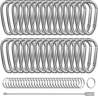30PCS Aluminum Carabiner Clips, 2" D Shape Spring Snap Hooks Carabiner with 30PCS Keyring Keychain Hook
