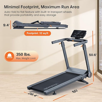Foldable Treadmill with 15% Auto Incline & 10MPH - Commercial 3.5HP Brushless Quiet, 18"x48" Wide Running Deck, Walking Pad Treadmill for Home Gym Office, 350lbs Capacity, APP - No Installation