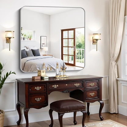 FORBATH 42x42 Inch Silver Bathroom Mirror for Over Sink, Large Square Wall Mirror with Metal Frame, Rounded Corners for Bathroom, Bedroom, Entryway Decor (Horizontal or Vertical)