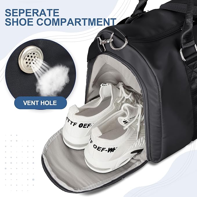 FIORETTO Womens Gym Tote Duffle Bag with Wet Pocket & Shoe Compartment, Sports Duffel Overnight Weekender Hospital Workout Carry on Bag for Girls, Ideal for Travel, Swimming, Dance, Ballet Black