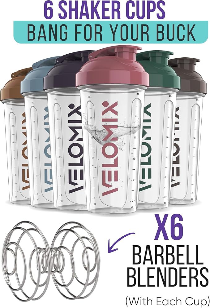 '-6 PACK- 28 oz Protein Shaker Bottle for Protein Mixes - 6x Wire Whisk | Leak Proof Shaker Cups for Protein Shakes | Protein Shaker Bottle Pack | Protein Shake Cup (Muted Clarity)
