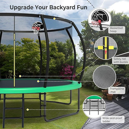 10 12 14 15 16FT Outdoor Trampolines for Kids and Adults, Pumpkin Trampoline with Curved Poles, Recreational Trampoline with Basketball Hoop and Safety Enclosure Net for Kids and Adults