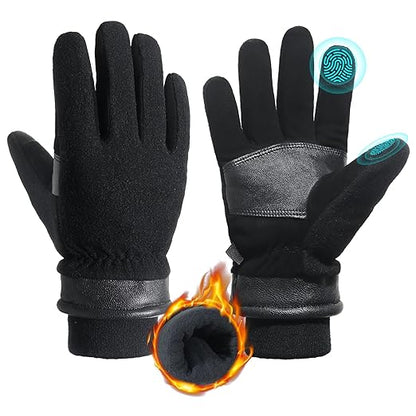 HANDLANDY Winter Gloves for Men Women, Thermal Gloves for Cold Weather Driving Cycling Ski Outdoor, Insulated Leather Work Gloves (Large, Black)