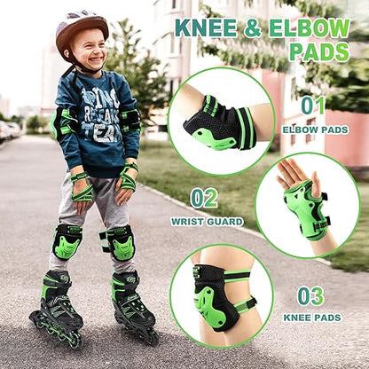 2PM SPORTS Knee Pads for Kids, Wrist Guards Knee and Elbow Pads Set with Drawstring Bag, Protective Gear Set for Girls Boys Roller Skating Cycling Skateboard - Green Medium