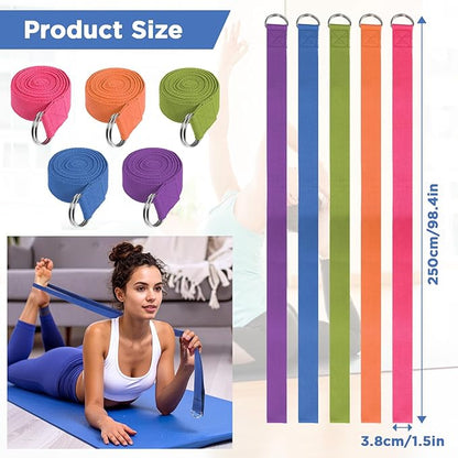 10 Pcs Yoga Strap 8ft Yoga Stretching Exercise Band Stretching Belt with Adjustable Metal D Ring Buckle Loop for Pilates, Dance, Physical Therapy, Gym Workout