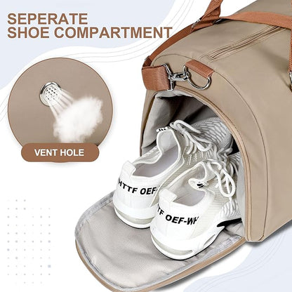 FIORETTO Womens Gym Tote Duffle Weekender Bag with Wet Pocket & Shoe Compartment, Ideal for Travel, Swimming, Dance, Khaki