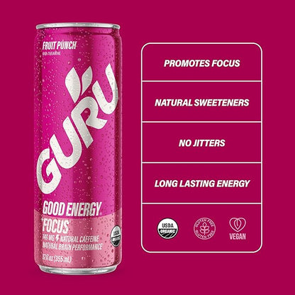 GURU Fruit Punch Organic Energy Drinks, Clean Energy Drink with Plant Based Natural Caffeine from Green Tea + Focus with L Theanine, Gluten Free and Vegan, 140MG Caffeine, 12oz (Pack of 24)