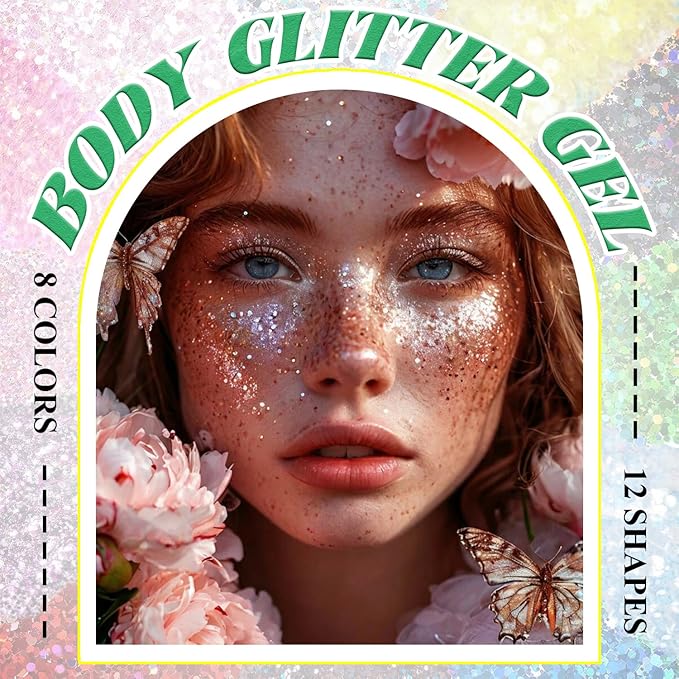 Body Glitter Face Glitter, Hair Glitter for Kids, 12 Shapes Fine Chunky Glitter Gel for Women Girls Makeup Sparkles Party Mermaid Sequins Rave Accessories Singer Concerts Festival (Red Scheme)