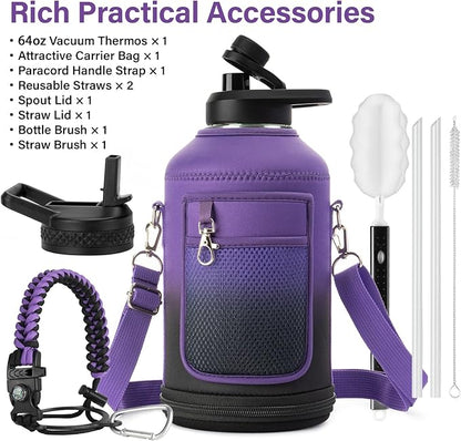 Insulated Water Bottle | Thickened Stainless Steel Vacuum Metal | Portable Sports Half Gallon Large Water Jug for Gym and Hiking with Straw, Carrier Bag, Handle Strap | BPA-Free 64 oz