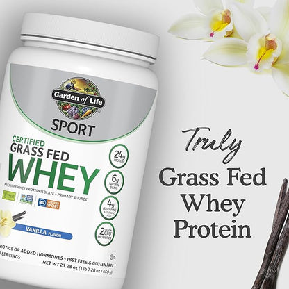 Garden of Life SPORT Whey Protein Powder Vanilla, Premium Grass Fed Whey Protein Isolate plus Probiotics for Immune System Health, 24g Protein, Non GMO, Gluten Free, Cold Processed - 20 Servings