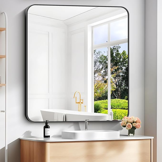 40" x 36"Bathroom Mirror, Matte Black Wall Mirror with Metal Frame, Decorative Rectangular Vanity Mirror for Bedroom Bathroom Living Room Entryway (Horizontal/Vertical)