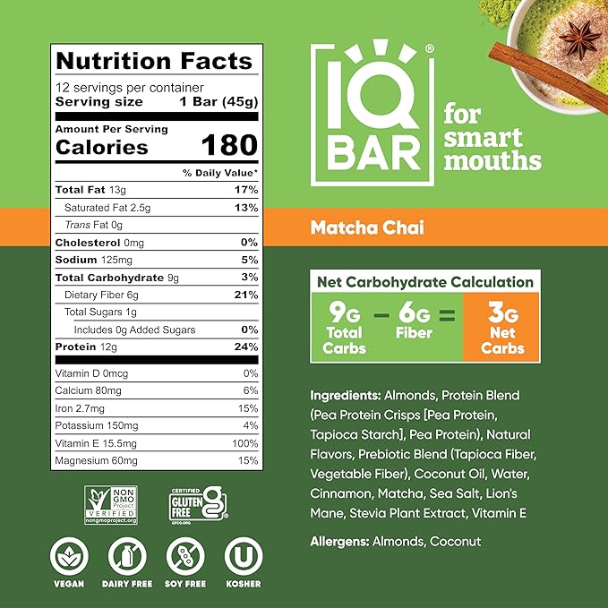 IQBAR Brain and Body Plant Protein Bars - Matcha Chai - 36-Count Low Carb - Gluten Free, High Fiber, Vegan Snacks - Low Sugar Meal Replacement