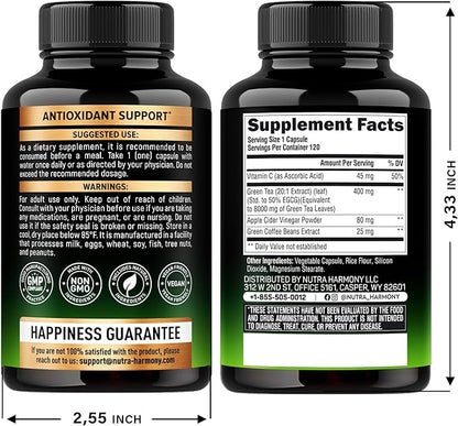 Green Tea Extract Capsules with Green Coffee Beans & Apple Cider Vinegar - Energy & Metabolism Support - Green Tea Supplement 50% EGCG - 20:1 Natural Extract - for Men & Women - 120 Vegan Capsules