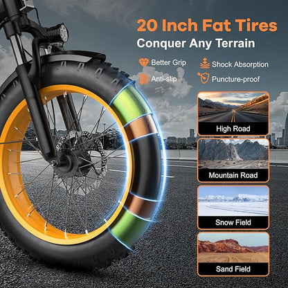 Foldable Electric Bike for Adults, Peak 1000W Brushless Motor 30MPH 70Miles City Commuter Ebike, 48V 20AH Lithium Battery, 20" Fat Tire 7-Speed E-Bicycle with Front Suspension Colourful LCD Display