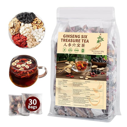 Kidney Tea Formula Ginseng Six Treasure Tea - Natural Chinese Traditional Herbal Ginseng Five Treasures Kidney Detox Cleanse Teabag For Men Women (30 Bags/1 Pack)