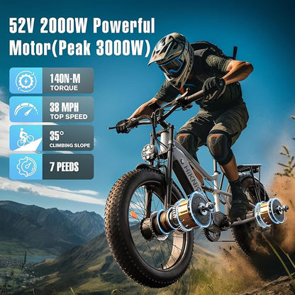 Electric Bike for Adult, 52V 20Ah Peak 3000W Dual Motor 26" Fat Tire Ebike, Max 38Mph & 35-90 Miles Full Suspension, Mountain E Bicycle for Men
