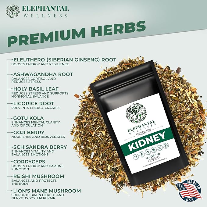 Elephantal Wellness Premium Kidney Herbal Tea | Urinary Tract & Kidney Support with Dandelion, Gravel Root, Goldenrod & Marshmallow | Handmade, Caffeine-Free, Non-GMO Loose Leaf Blend, 2oz, 20 Servings