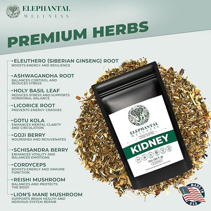 Elephantal Wellness Premium Kidney Herbal Tea | Urinary Tract & Kidney Support with Dandelion, Gravel Root, Goldenrod & Marshmallow | Handmade, Caffeine-Free, Non-GMO Loose Leaf Blend, 2oz, 20 Servings