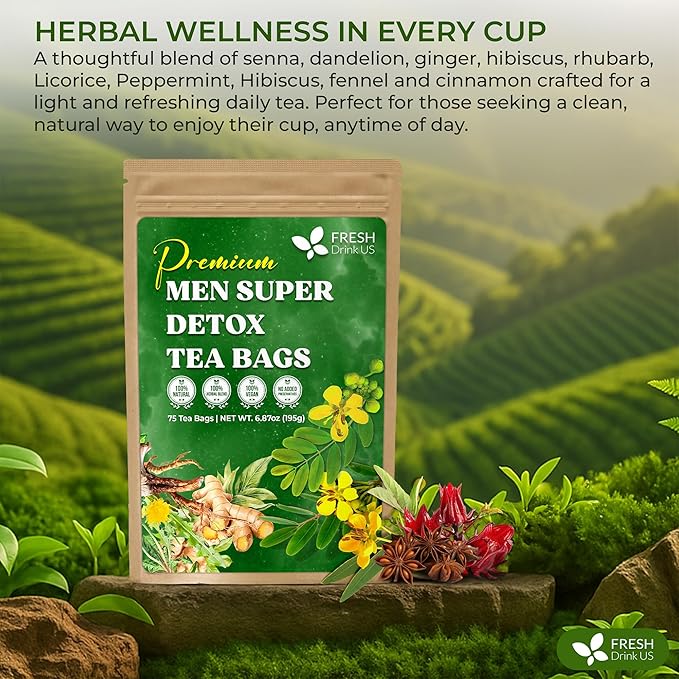 FreshDrinkUS, Premium 135 Tea Bags Men Super Detox Tea – Herbal Blend with Senna, Dandelion Root, Ginger, Peppermint & More – 100% Natural, Sugar-Free. Caffeine-Free. Gluten-Free. Vegan