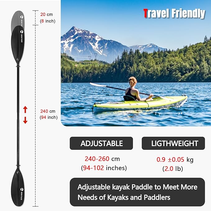Kayak Paddle Premium Carbon Fiber Paddle with Reinforced PP + Fiberglass Blade, Floating Adjustable Kayaking Oars, 3 Piece, 220-240 cm/86-94 Inches, 240-260 cm/94-102 Inches