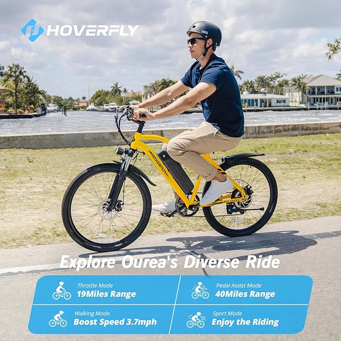 HOVERFLY OUREA 26" Electric Bike for Adults, 750W Peak Motor Mountain Ebike, 20MPH Up to 40 Miles, UL2849 Certified, 7-Speed, Removable Battery, Shock Absorber, Fat Tire Commuter E-Bike