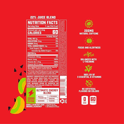 Gorilla Energy Drink, Watermelon Melon, 200mg Natural Caffeine, Real Fruit Juice Squeezed & Concentrated, L-Theanine, Taurine, Ginseng, Acetyl L-Carnitine, No Added Sugar and No Artificial Colors, 12 Pack
