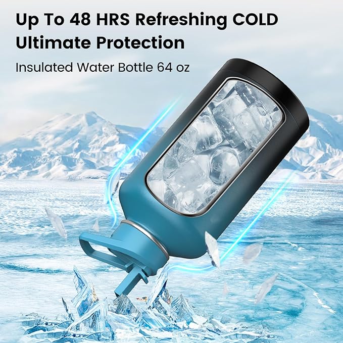 Insulated Water Bottle 64 oz, Triple Wall Vacuum Stainless Steel(Cold for 48 Hrs),Leak Proof & BPA-Free,Half Gallon Water Bottle with Reflective Paracord & Flip Straw for Sports & Travel, Indigo-Black