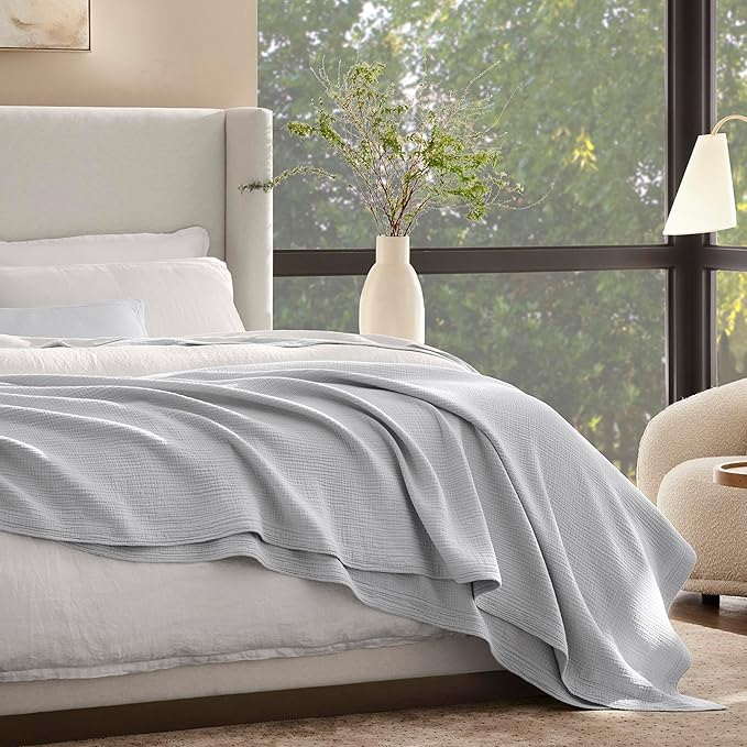 BOLL & BRANCH Dream Bed Blanket - King/Cal King, Sky - Luxury 100% Organic Cotton - Soft, Lightweight and Breathable - Cloud-Like Touch
