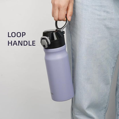 Insulated Water Bottle with Straw and Carry Loop,18 oz Stainless Steel Double Wall Vaccum Metal Water Flask with Leak-proof Lid,Light Purple