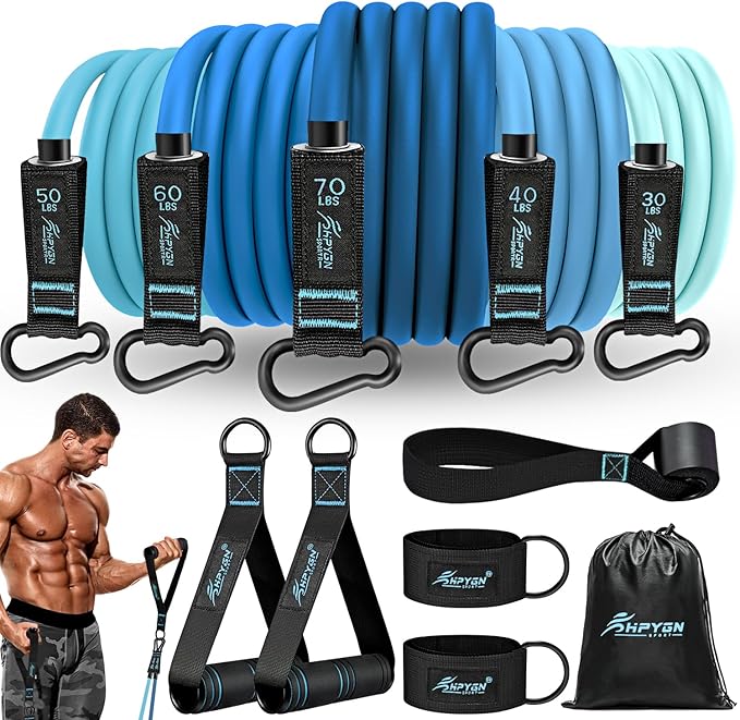 HPYGN Resistance Bands, Exercise Bands with Handles, Fitness Bands, Workout Bands with Door Anchor and Ankle Straps, for Heavy Resistance Training, Physical Therapy, Shape Body, Yoga, Home Workout Set