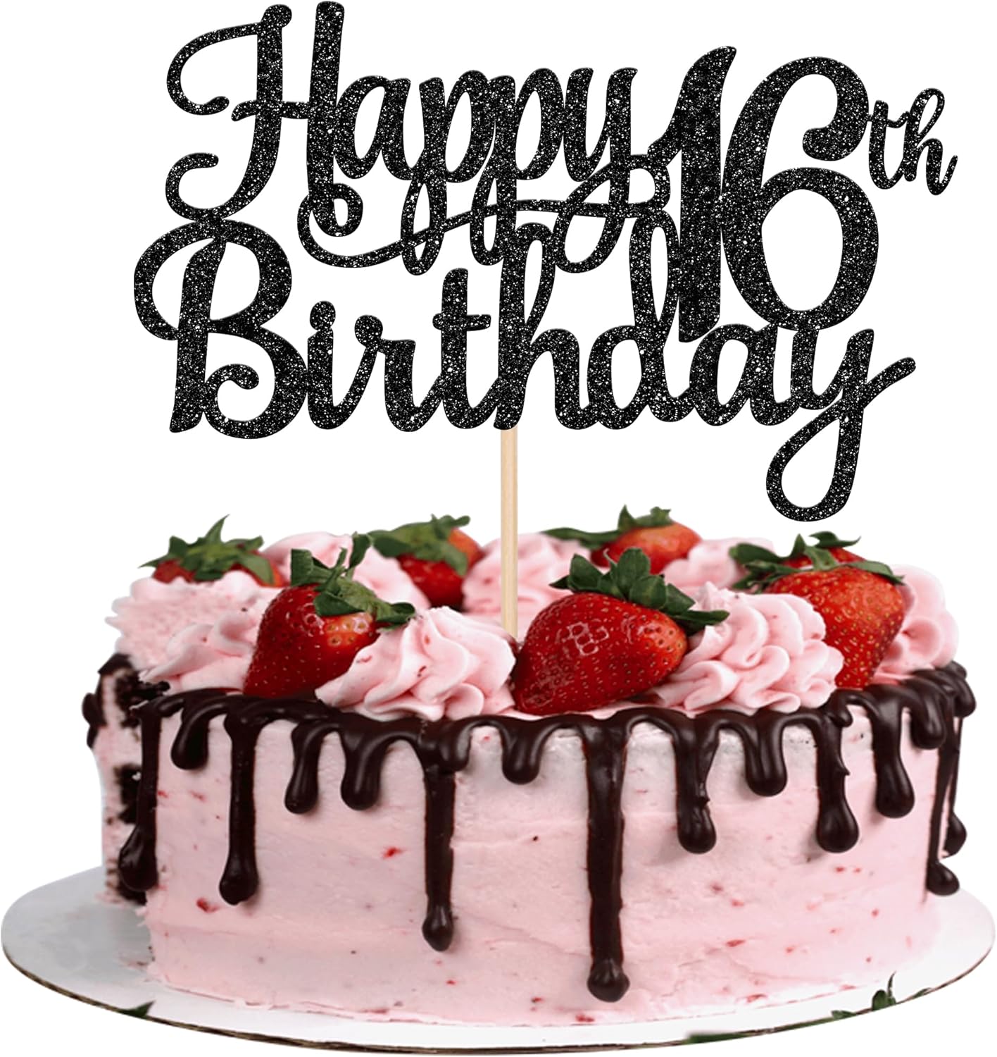 1 PCS Happy 16th Birthday Cake Topper Glitter Cheers to 16 Years Birthday Cake Pick Sweet 16 Fabulous Cake Decoration for Happy 16th Birthday Theme Party Decorations Supplies Black
