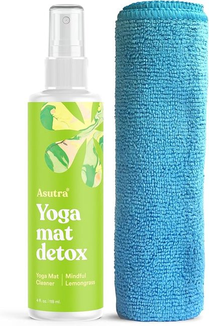 ASUTRA Yoga Mat Cleaner Spray (Mindful Lemongrass), 4 fl oz - No Slippery Residue, Organic Essential Oils Deep-Cleansing for Fitness Gear & Gym Equipment, Microfiber Towel Included