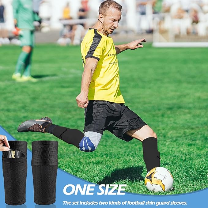 1 Pair Men's Grip Soccer Socks and 1 Pair Shin Guard Sleeves,1 Pair Sleeves with Optimized lnsert Pocket and Shin Guards