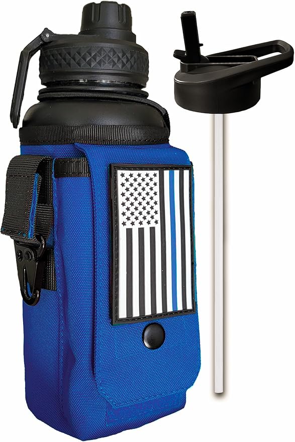 Iron Infidel Battle Bottle - 32 Oz Insulated Water Bottle with Straw Lid & Chug Cap, Stainless Steel Metal Flask Includes Rugged, Removable Sleeve for Keys, Wallet, & Phone (Thin Blue Line 1 Liter)