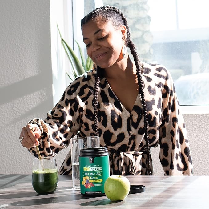 Inno Greens | 28+ Organic Greens & Superfoods | Advanced Prebiotics + Probiotics | Super Antioxidant + Hydration | Spirulina, Chlorella, Ashwagandha | Natural | 30 Servings (Strawberry Banana)