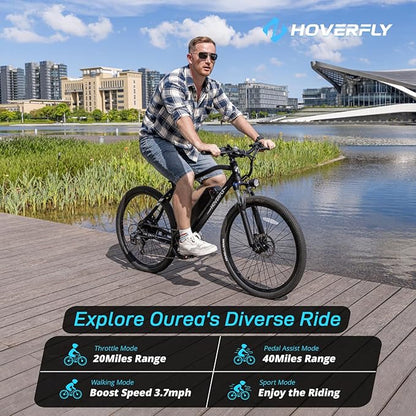 HOVERFLY OUREA 26" Electric Bike for Adults, 750W Peak Motor Mountain Ebike, 20MPH Up to 40 Miles, UL2849 Certified, 7-Speed, Removable Battery, Shock Absorber, Fat Tire Commuter E-Bike